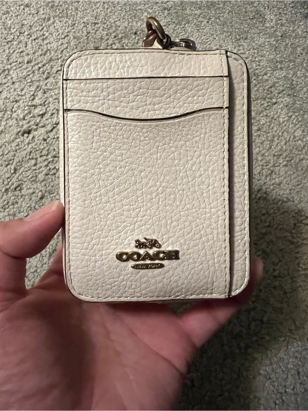 Coach Cream Pebbled Leather Card Holder with Gold Logo and Key Ring
